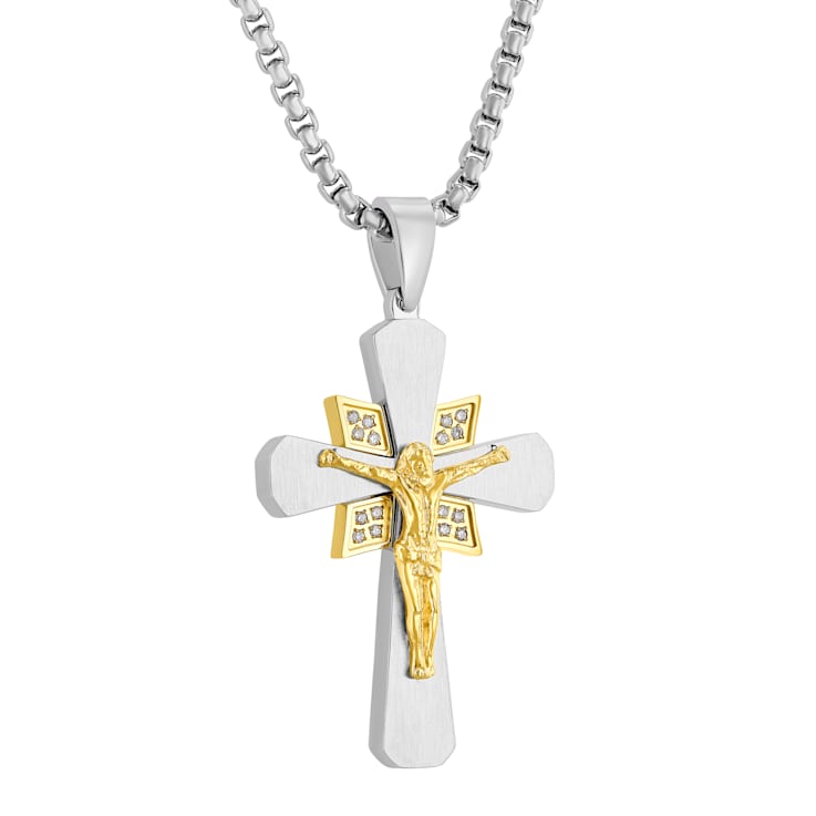 1/10CTW Diamond Stainless Steel Yellow Ion Plated Crucifix Pendant