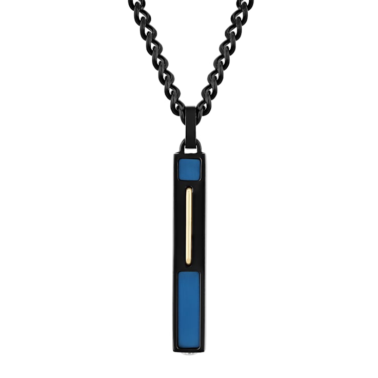 Black Stainless Steel Vertical Bar Pendant with Blue and Gold Tone Accents