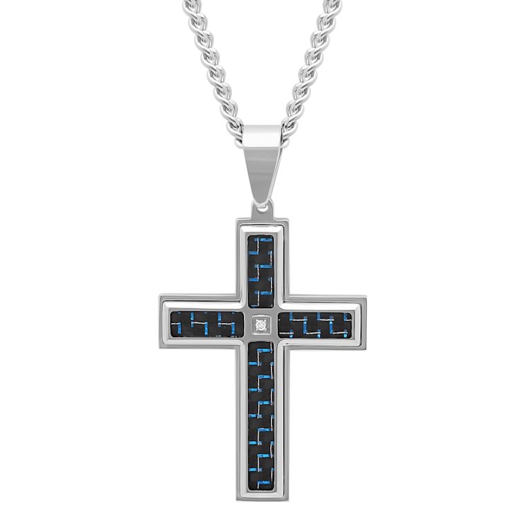 Diamond Accent Stainless Steel Black and Blue Ion Plated Carbon Fiber
Cross Pendant