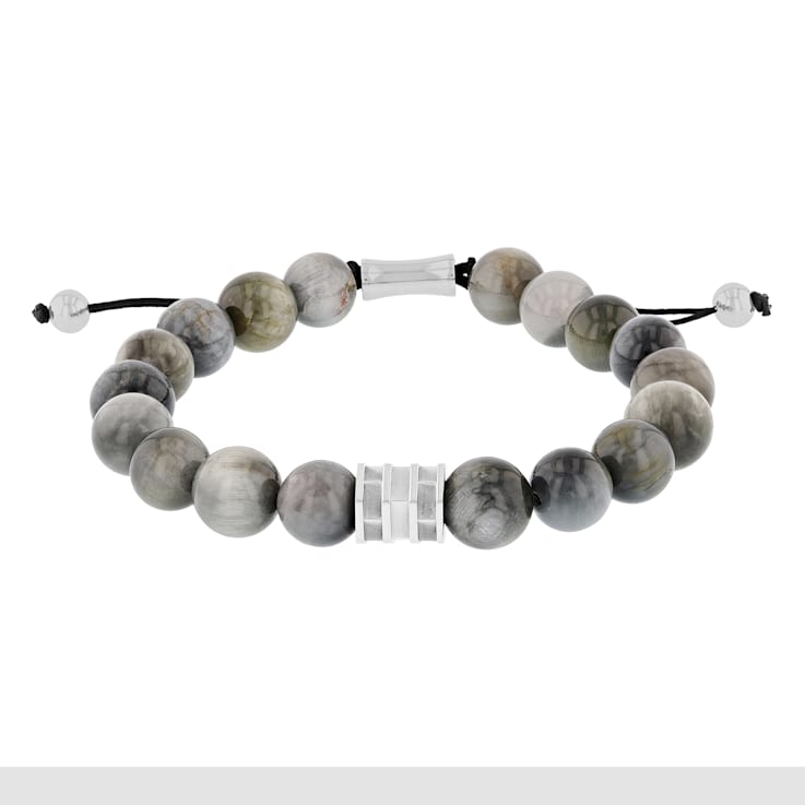 Grey Tiger Eye Bead & Stainless Steel Bolo Bracelet