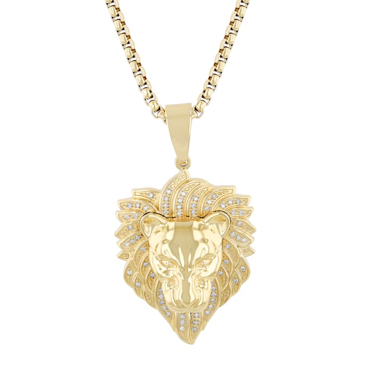 White Diamond Stainless Steel Yellow IP Lion Head With Chain 1/3ctw