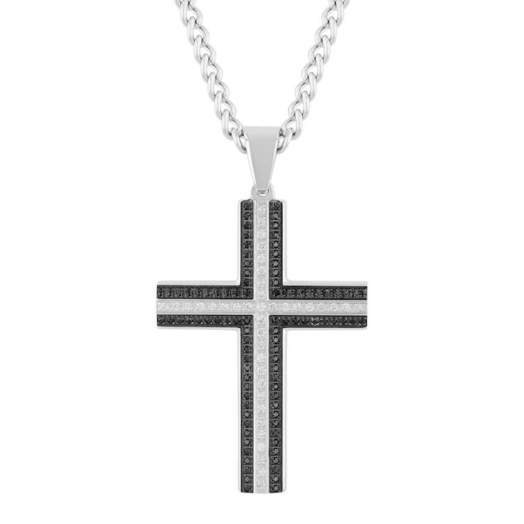 1/3CTW Diamond and 1/2CTw Black Sapphire Stainless Steel Cross Pendant