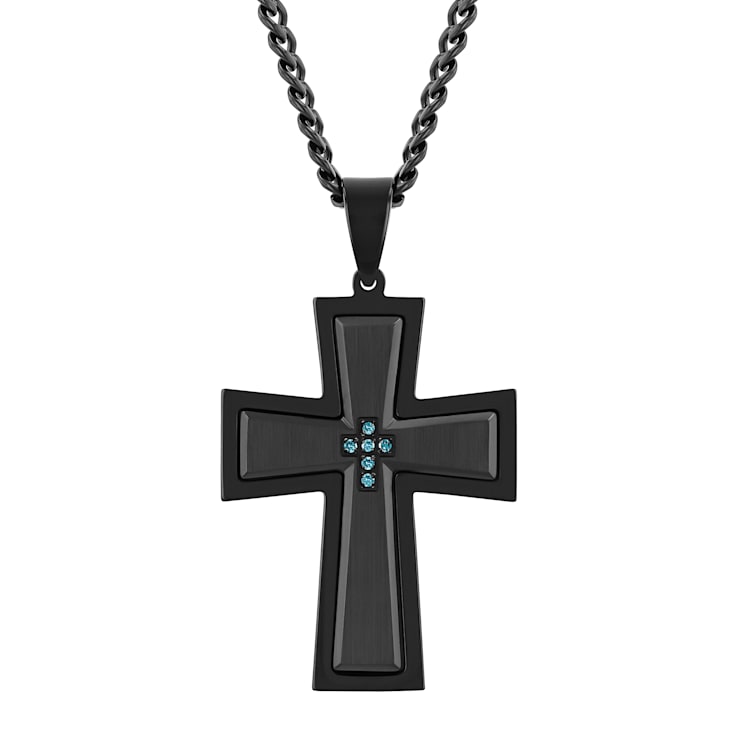 1/20CTW Blue Diamond Stainless Steel Black IP Cross With Chain