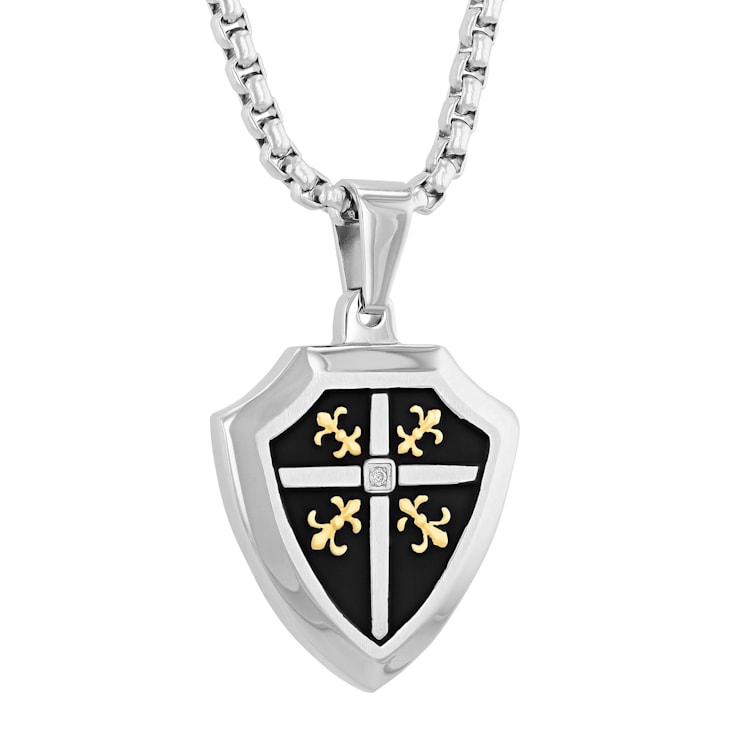 Diamond Accent Stainless Steel Fleur-de-Lis Shield Pendant in Black