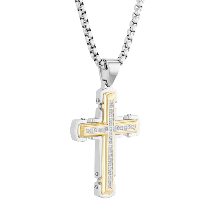 White Diamond Stainless Steel Yellow IP Cross With Chain .25ctw