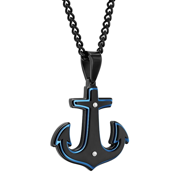 Stainless Steel Anchor Pendant with Black and Blue Finish