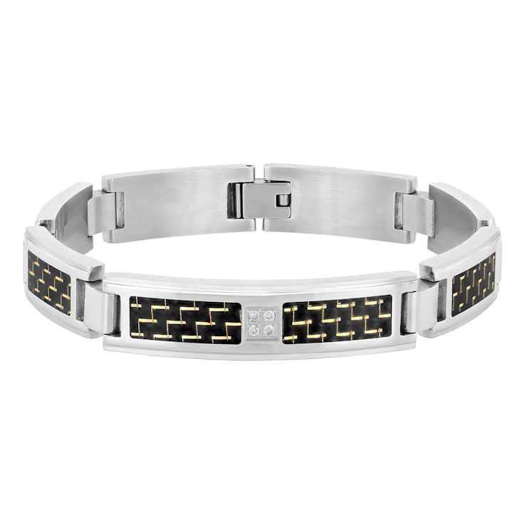 Diamond Accent Stainless Steel Black Carbon Fiber Link Bracelet