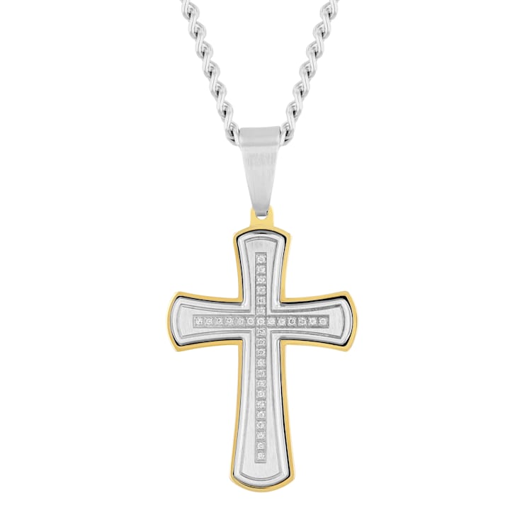0.15CTW Diamond Two-Tone Stainless Steel Cross Pendant