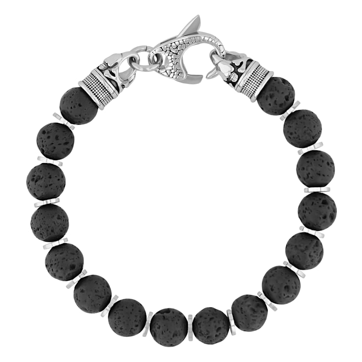 Black Lava Bead and Stainless Steel Bolo Bracelet
