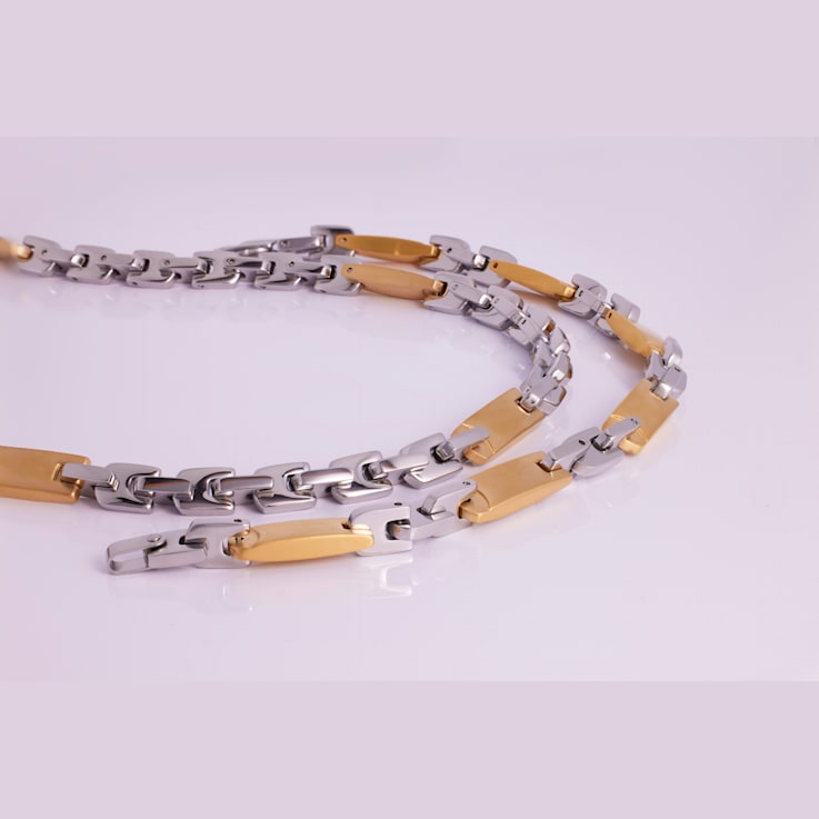 Two-Tone Stainless Steel Link Chain Necklace & Bracelet Set