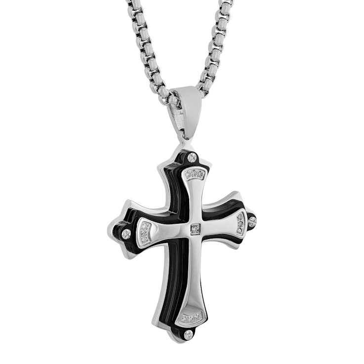 Diamond Accent Stainless Steel Black Ion Plated Cross Pendant