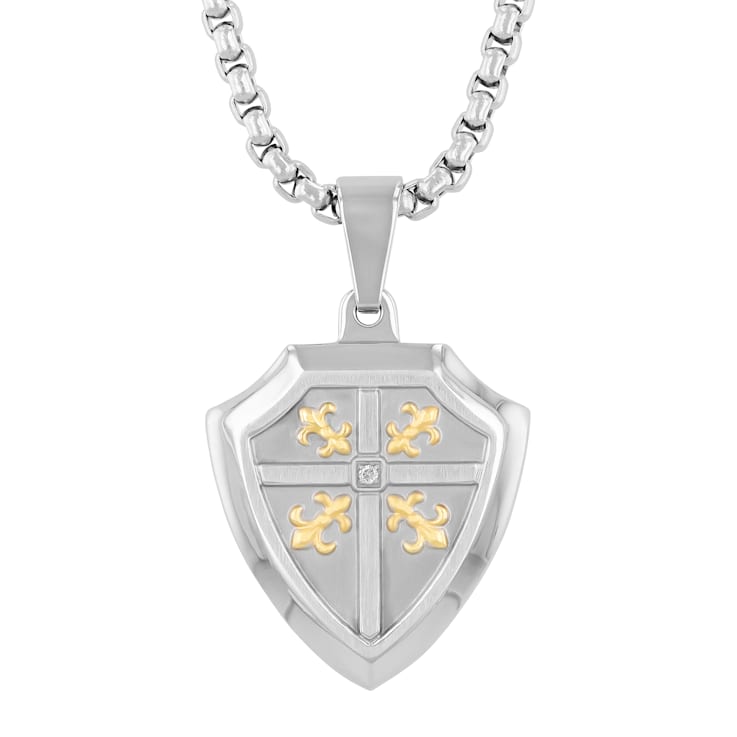 Diamond Accent Stainless Steel Fleur-de-Lis Shield Pendant in White