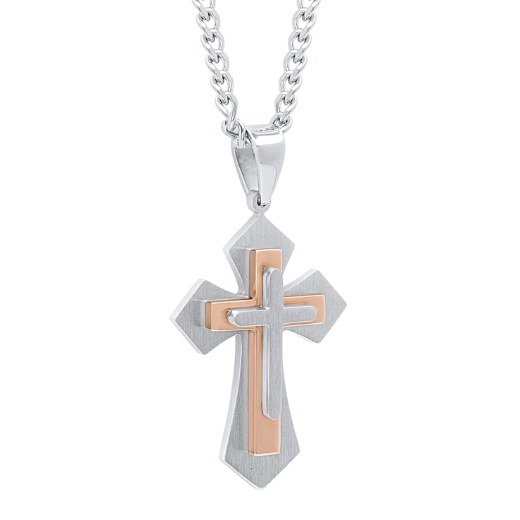 Two-tone Stainless Steel Stacked Cross Pendant