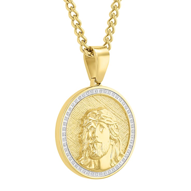 1/4CTW Diamond Stainless Steel Yellow Ion Plated Jesus Face Textured
Background Medallion Pendant