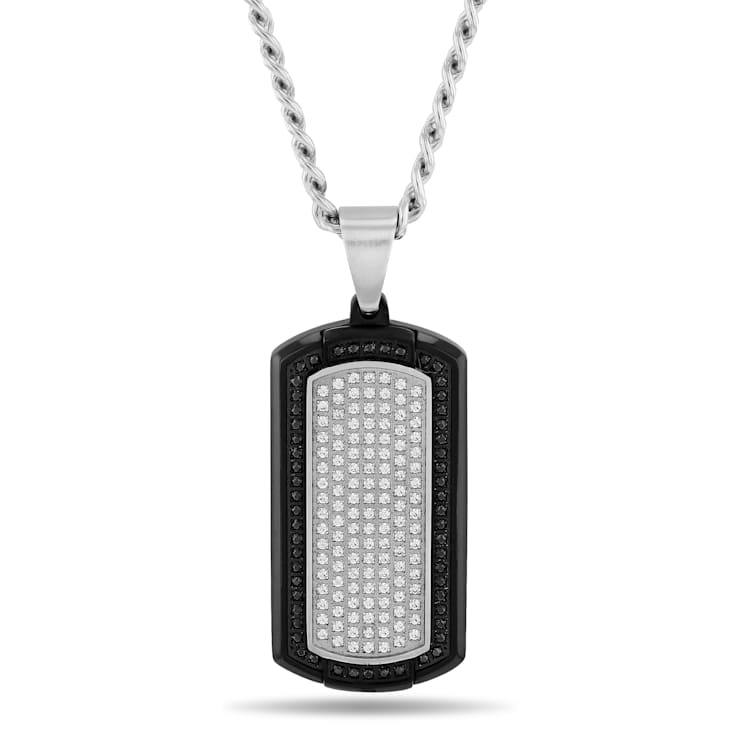 Black and White Diamond Stainless Steel Black IP Dog Tag With Chain 7/8ctw