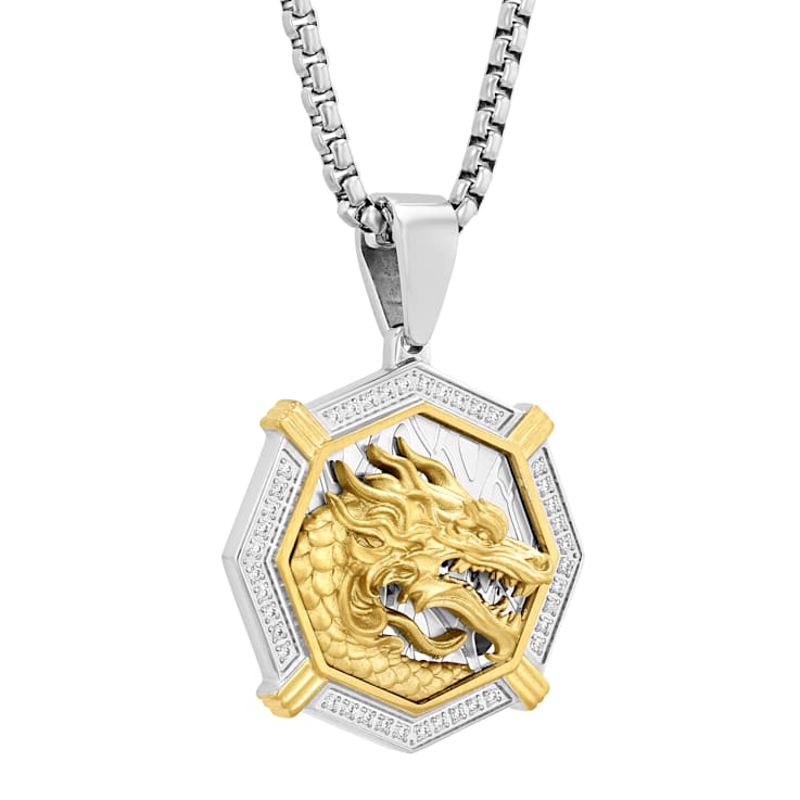 1/4CTW Diamond Stainless Steel Yellow Ion Plated Dragon Pendant