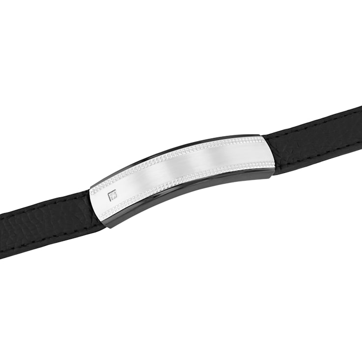 Diamond Accent Stainless Steel and Black Faux Leather ID Bracelet