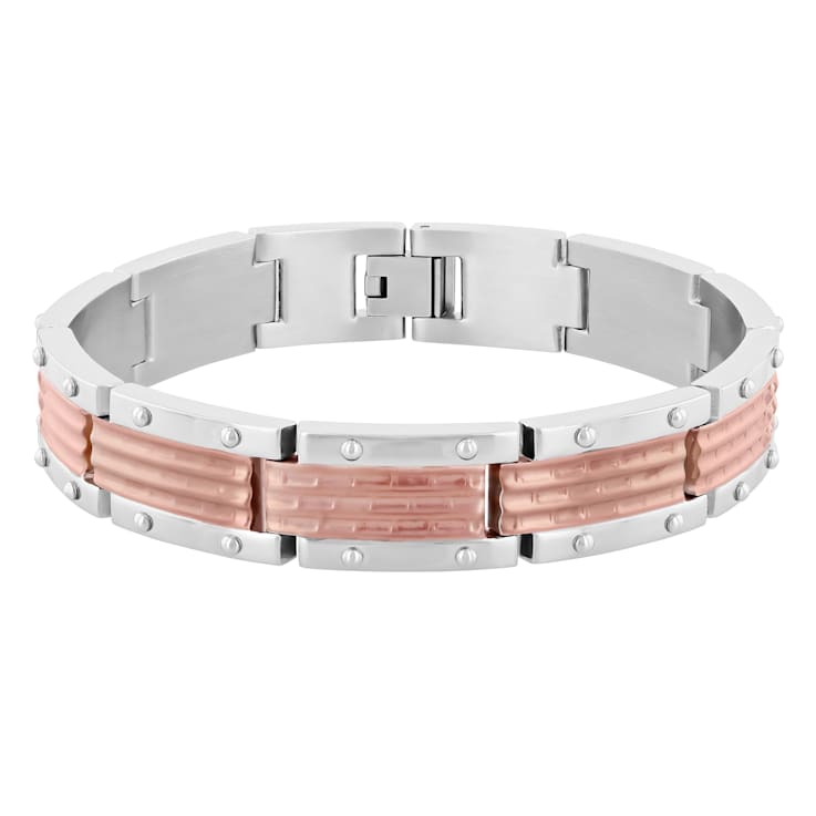 Stainless Steel with Two-Tone Finish Brick Design Link Bracelet