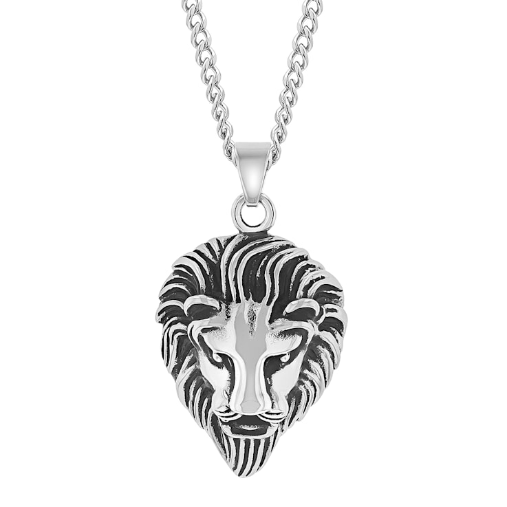 Stainless Steel Lion's Head Pendant With Curb Chain