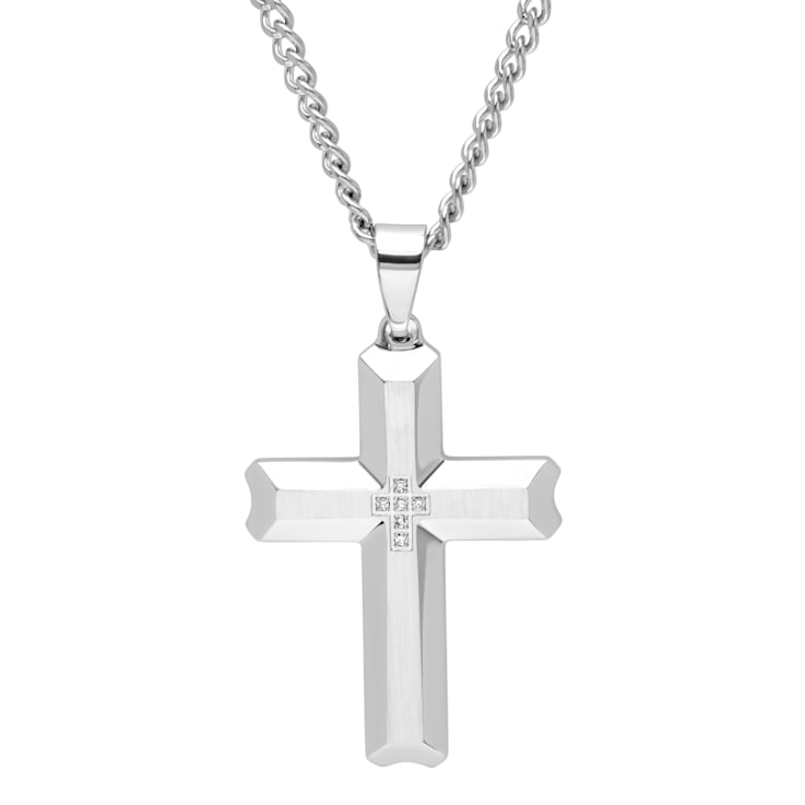 0.05CTW Stainless Steel Scalloped Edge Cross