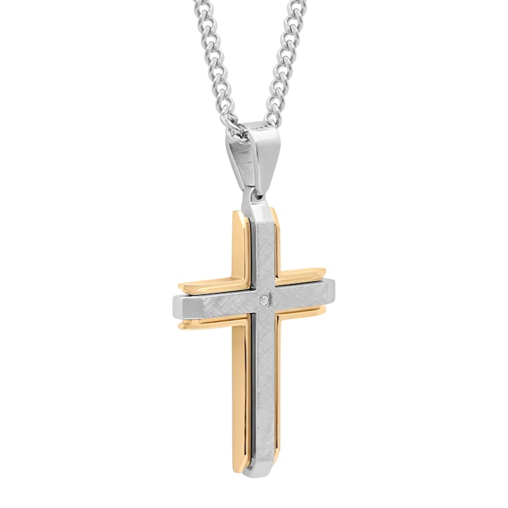 Diamond Accent Stainless Steel Yellow Ion Plated Cross Pendant