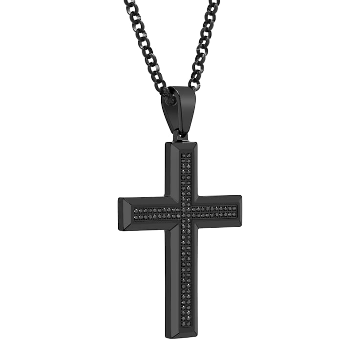 1/2CTW Black Diamond Stainless Steel Black Ion Plated Cross Pendant