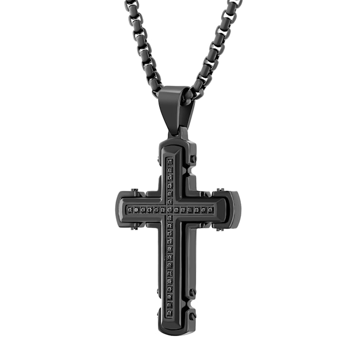 Black Diamond Stainless Steel Black IP Cross With Chain .25ctw
