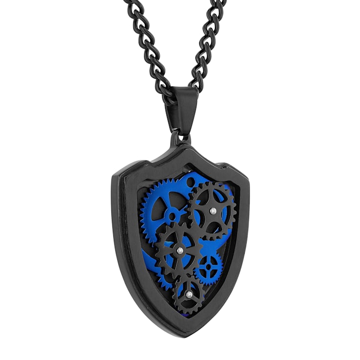 Stainless Steel Black & Blue Ion Plated Gear Shield Pendant