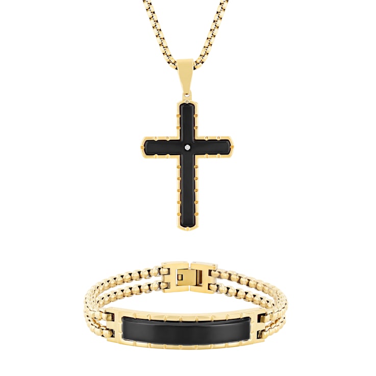 Diamond Accent Two-Tone Stainless Steel Cross Pendant & ID Bracelet Set