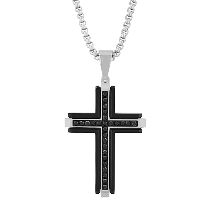 1CT Black Diamond Stainless Steel Black Ion Plated Cross Pendant