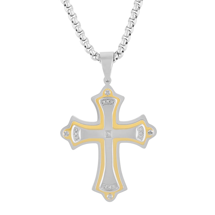 Diamond Accent Stainless Steel Yellow Finish Ion Plated Stacked Cross Pendant