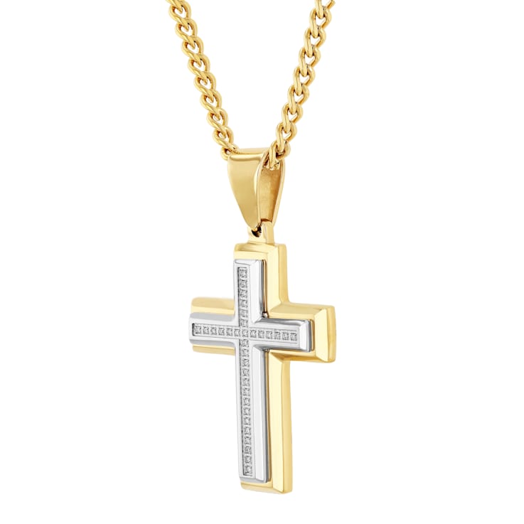 White Diamond Stainless Steel Yellow IP Cross With Chain .10ctw