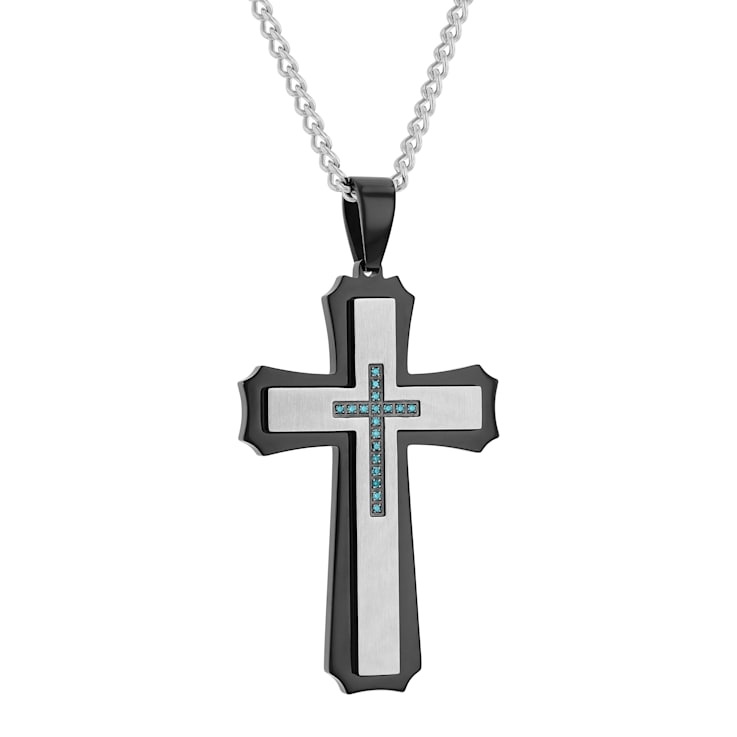 0.12CTW Blue Diamond Two-Tone Stainless Steel Cross Pendant