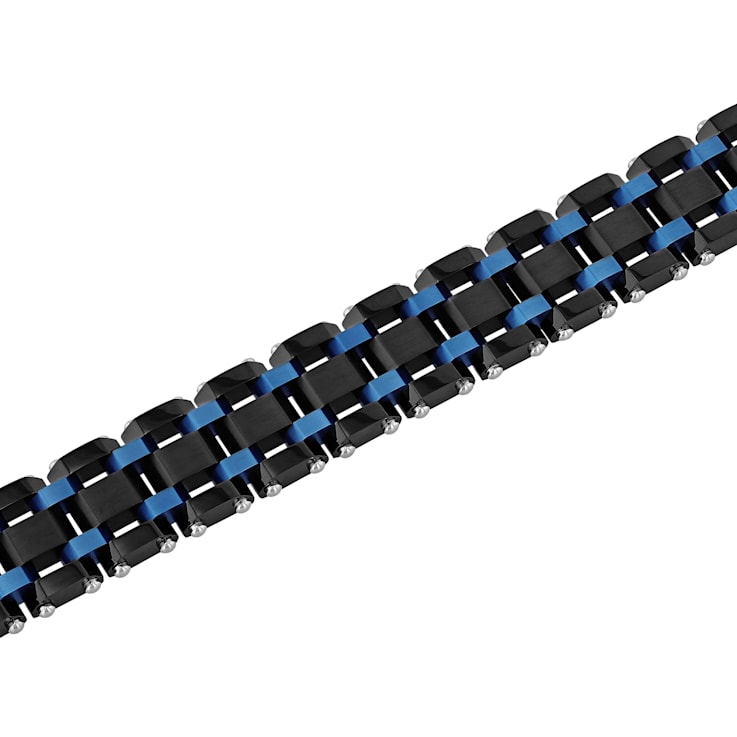 Stainless Steel with Black and Blue Finish Link Bracelet