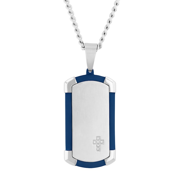 Diamond Accent Stainless Steel Blue Ion Plated Dog Tag Pendant