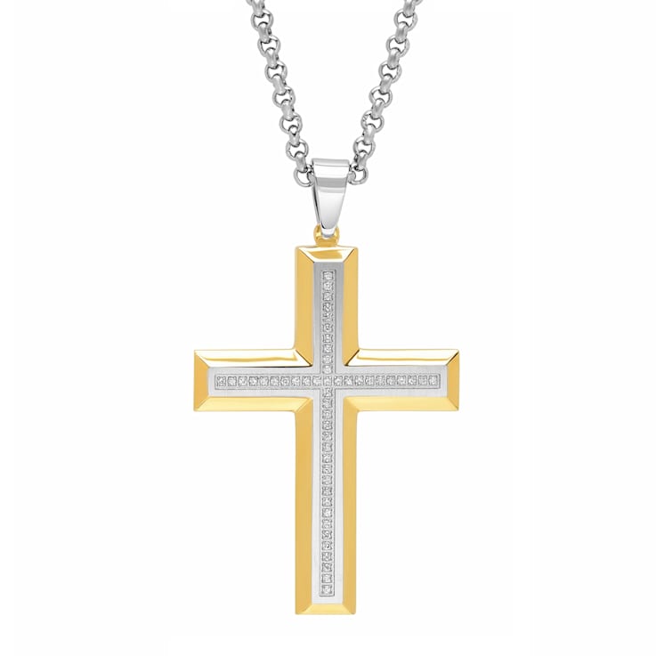 1/4CTW Diamond Stainless Steel Yellow Ion Plated Cross Pendant