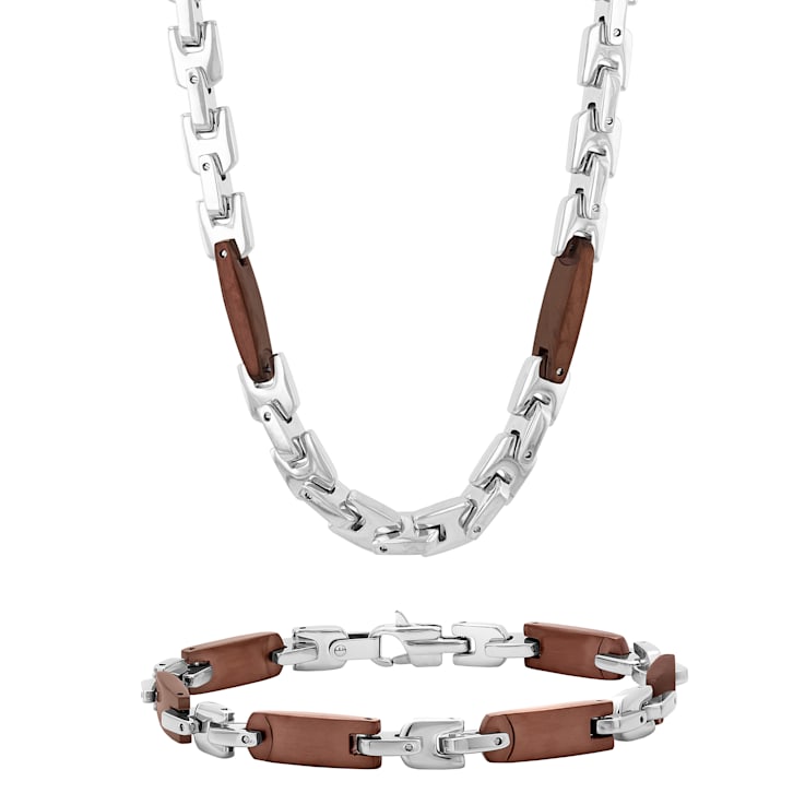 Stainless Steel Brown Ion Plated Tag Necklace and Bracelet Set