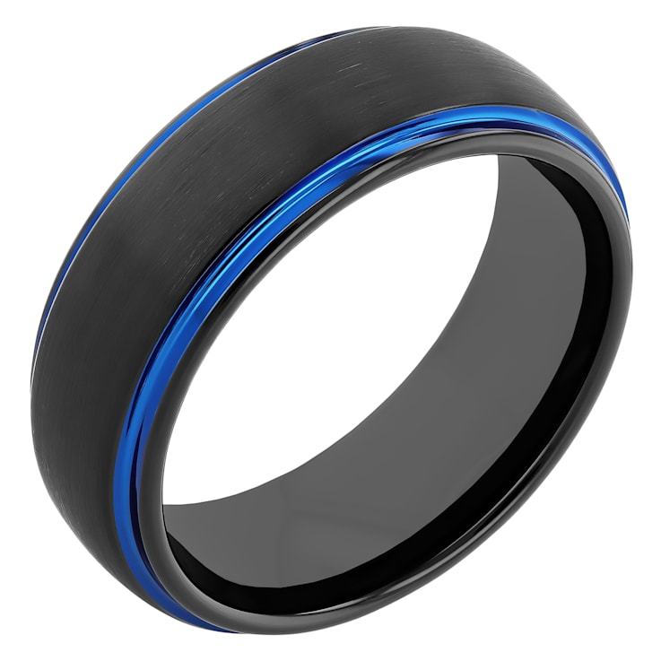 Black and Blue Tungsten 8MM Step Edge Band