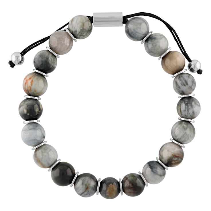 Grey Tiger Eye Bead & Stainless Steel Bolo Bracelet