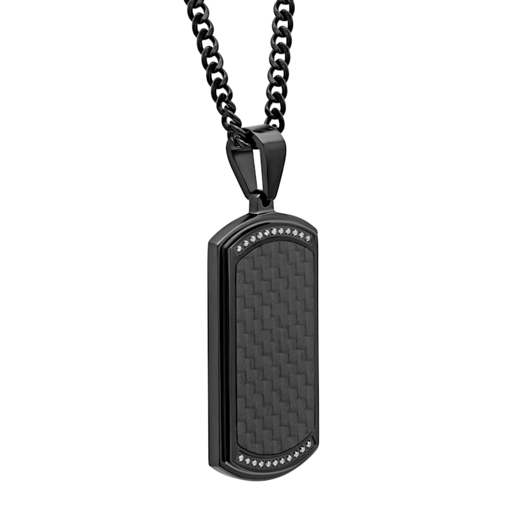 1/8CTW Diamond Stainless Steel Black Ion Plated Carbon Fiber Dog Tag Pendant
