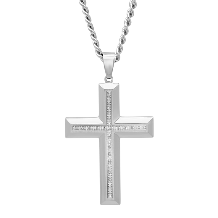 1/4CTW Diamond Stainless Steel Beveled Cross Pendant