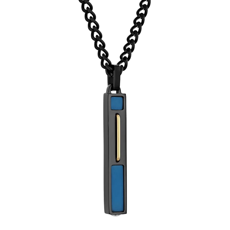 Black Stainless Steel Vertical Bar Pendant with Blue and Gold Tone Accents