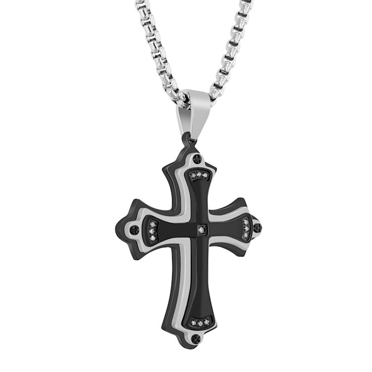 Diamond Accent Stainless Steel Black Ion Plated Cross Pendant