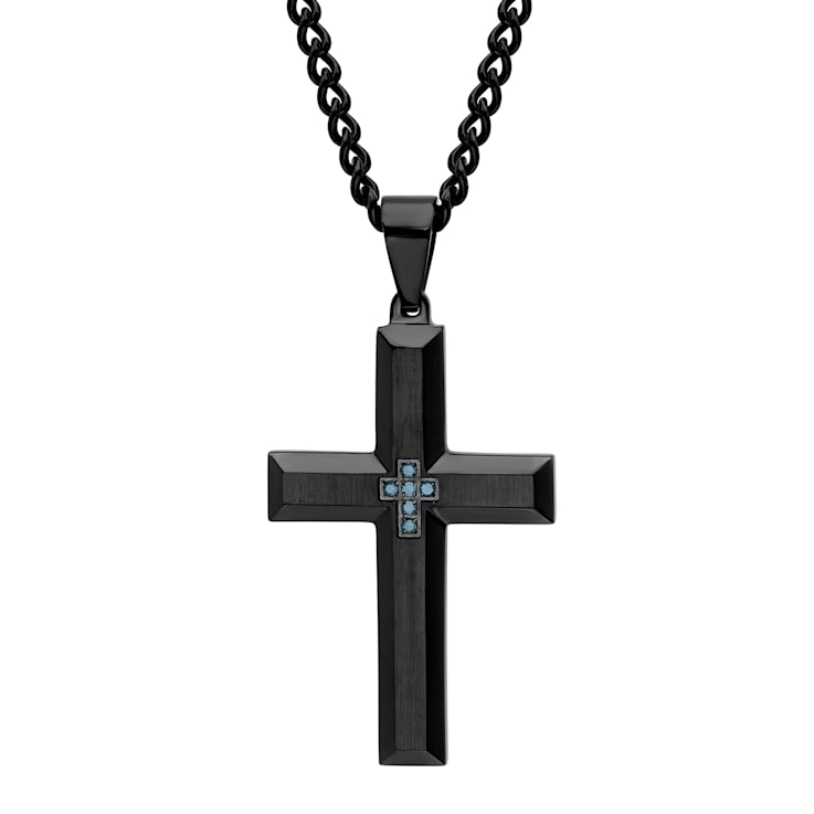 Blue Diamond Accent Stainless Steel Black Ion Cross Plated Pendant