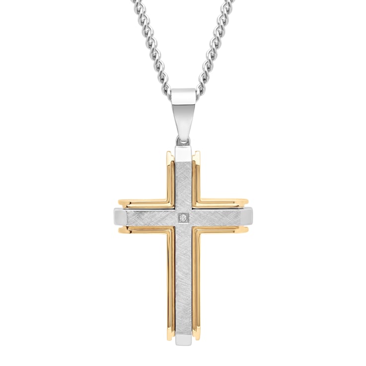 Diamond Accent Stainless Steel Yellow Ion Plated Cross Pendant