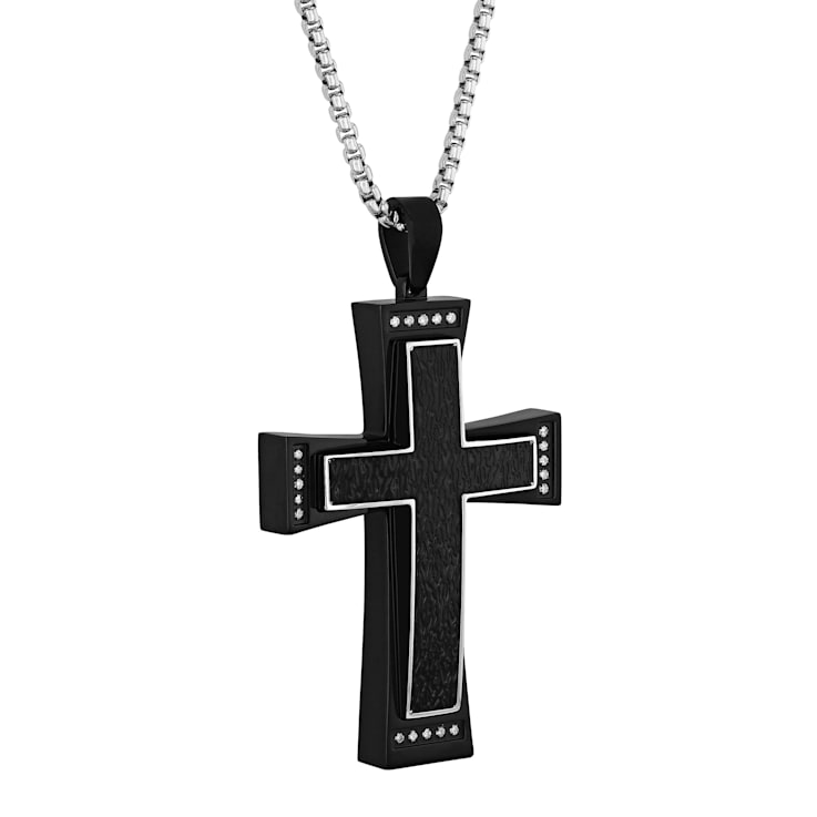 1/4CTW Diamond Stainless Steel Black Ion Plated Cross Pendant