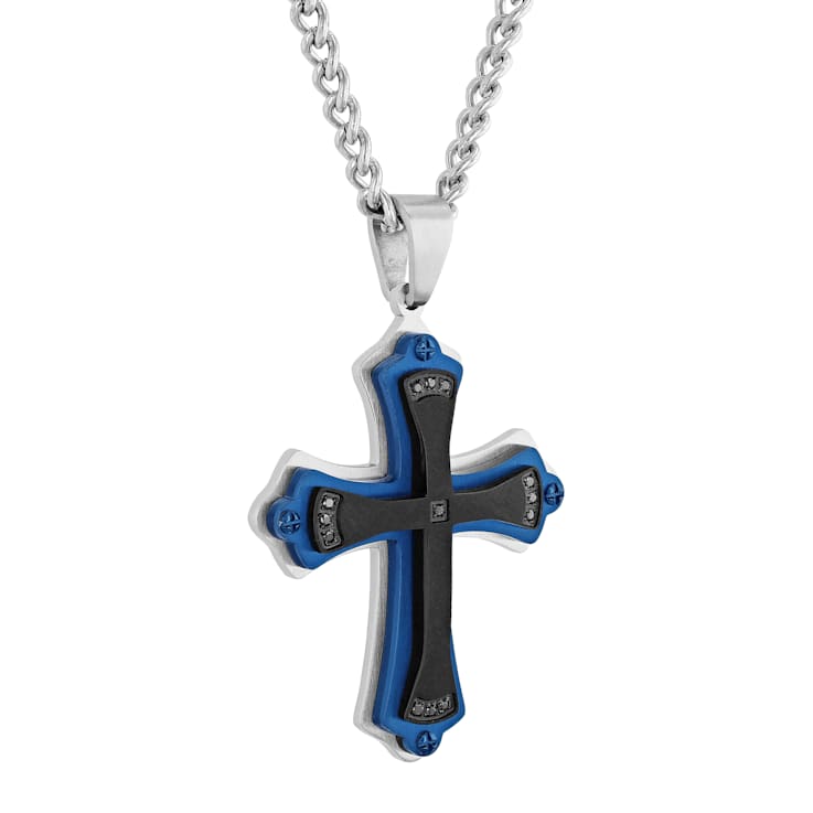 Diamond Accent Stainless Steel Black and Blue Ion Plated Cross Pendant