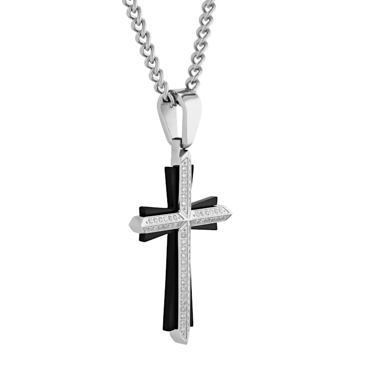 1/3CTW Diamond Stainless Steel Black Ion Plated Stacked Cross Pendant