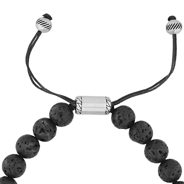 Black Lava Bead and Stainless Steel Bolo Bracelet