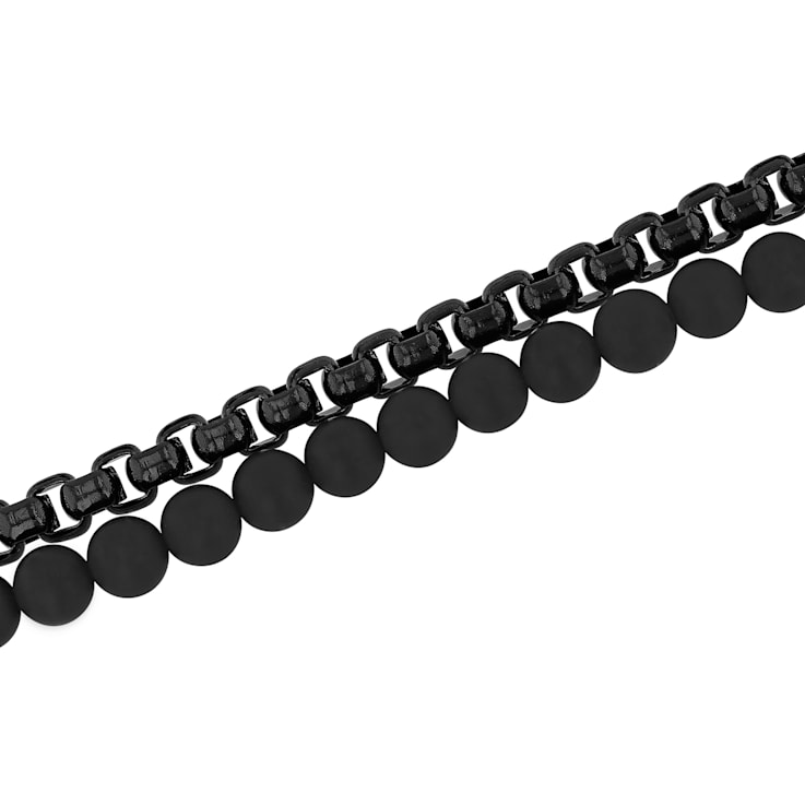 Stainless Steel Black Ion Plated and Matte Black Onyx Bead Bolo Bracelet